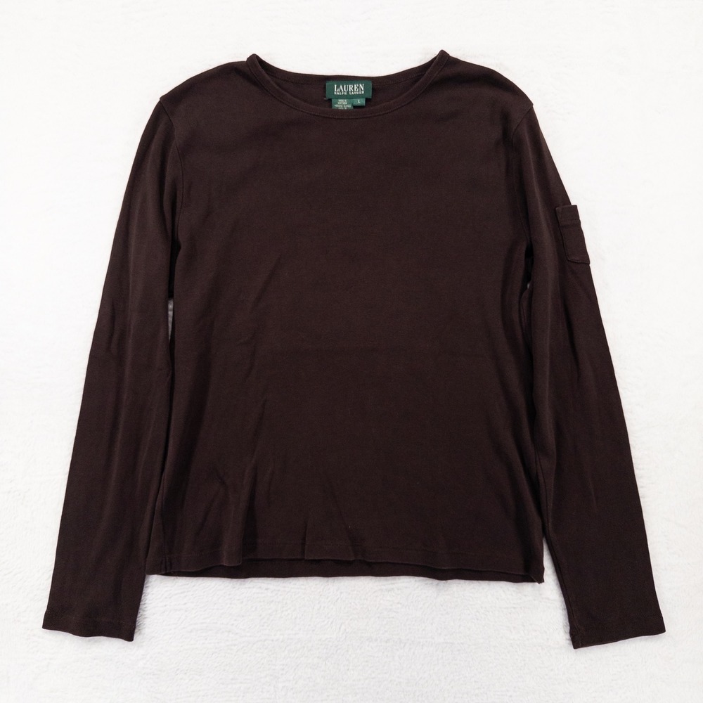 Vtg Lauren Ralph Lauren Womens Top Large Brown Ribbed Long Sleeve Pocket Classic